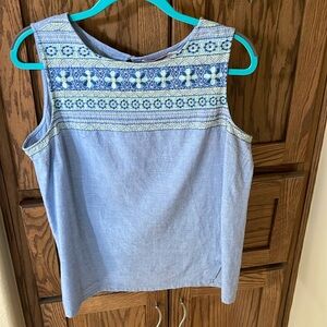 Fresh Produce Blouse Womens Size L Blue Floral Embroidered Sleeveless Cotton Top